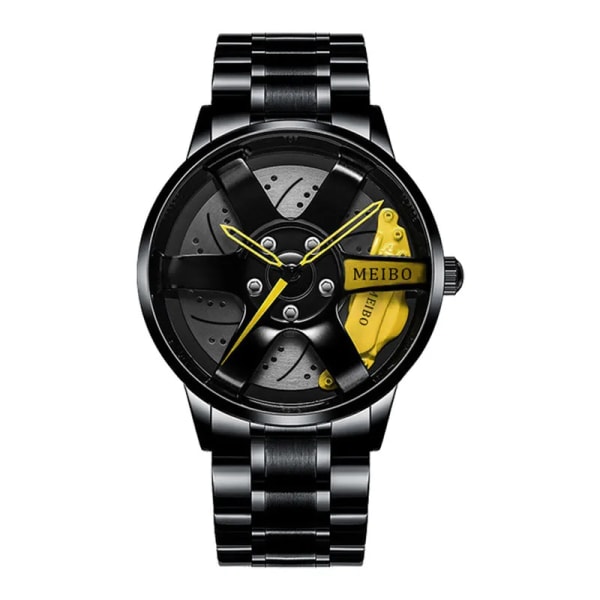 Kvartsklockor för män Vattentät vakuumpläteringsrem med bilhjulsfälgnav Design Sport Automatiskt Icke-mekaniskt armbandsur MB Yellow