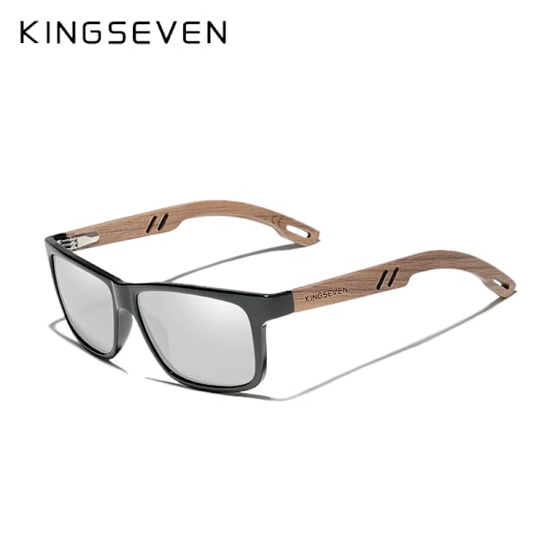 KINGSEVEN Brand TR90+Natural Walnut Trä Solglasögon Herr Dam Polarized UV400 Lins Retro Glasögon Förstärkta gångjärnsglasögon Silver Walnut Wood Original