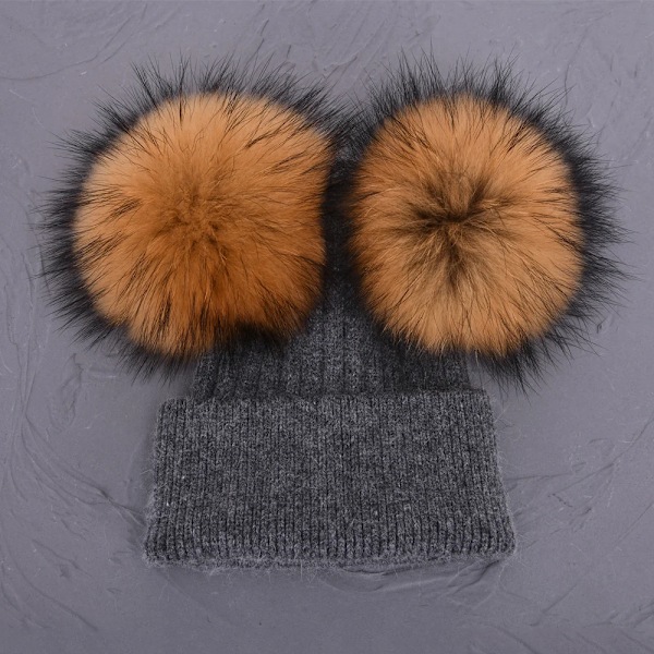 Dubbel Pompom-mössa för kvinnor, vintermössor, stickade mössor, mössor, beanies, flickor, två pompom-mössa Dark grey natural