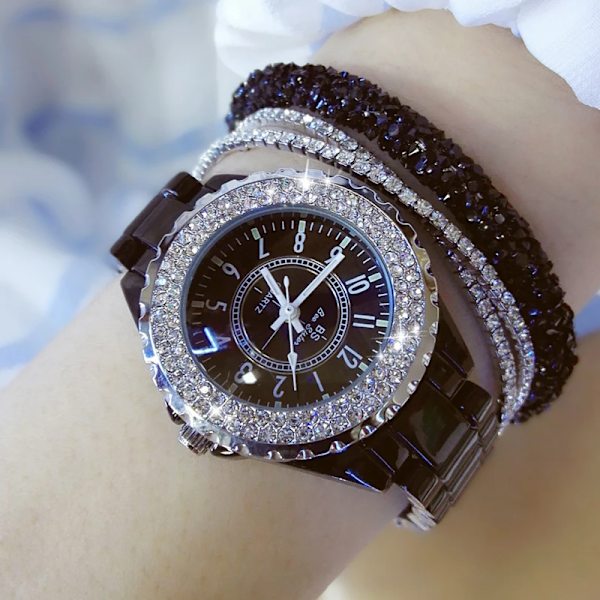 BS 2020 Toppmärke Watch för kvinnor Vit keramiskt band Watch Kvartsmode Dam Strass Svarta klockor white