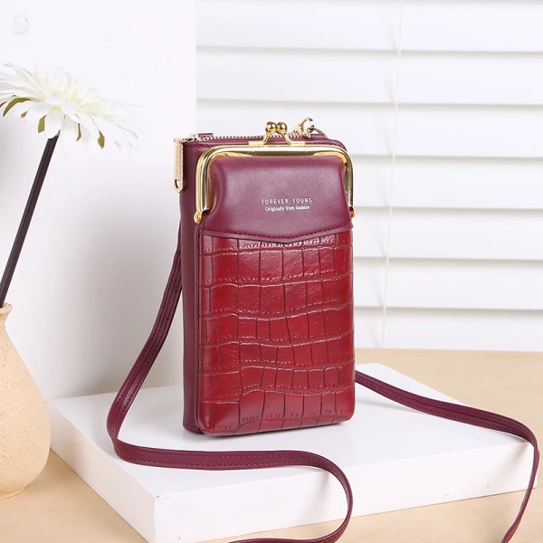 NYTT Mode Stenmönster Crossbody-väska Dam PU-läder Lyx Samll Telefonficka Damväska Axelväskor Handväskor A-Wine Red