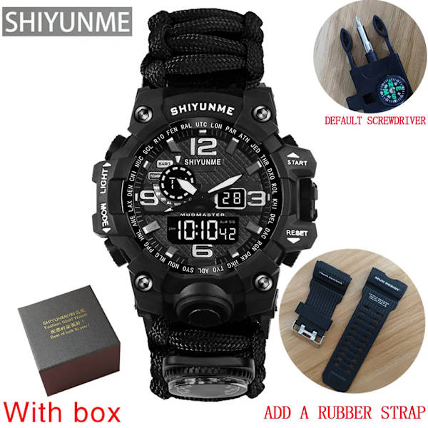 Utomhus Survival Watch Multifunktionell Vattentät Militär Taktisk Paracord Watch Armband Camping Vandring Nödutrustning Black with box strap