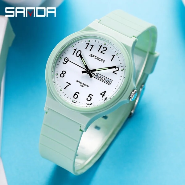 Mode Sanda Toppmärke Calenda Quartz Watch Minimalism Style Damarmbandsur Enkel Svart Vit Vattentät Watch Klocka Reloj matcha green