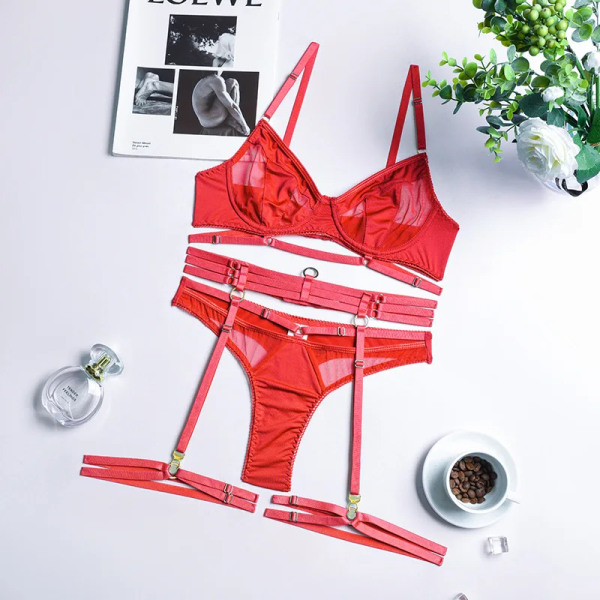YBFDO 3-delad BH Set Dam Patchwork Genomskinlig Mesh Underkläder Dam Sexiga Fancy Transparenta Set red M