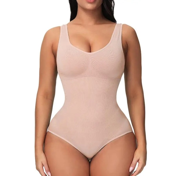 Kvinnor Body Sommar Ärmlös Sexig Off Shoulder Body Tops Casual Magkontroll Waist trainer Body Shaper Buken Jumpsuit Beige S