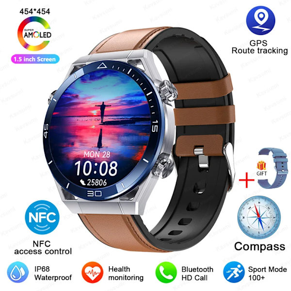 NFC AMOLED Smart Watch Herr Custom Dial Svara Ring Sport GPS Track Kompass IP68 Vattentät Smartwatch För Huawei Ultimate Blue Leather
