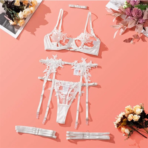 YBFDO Sexiga underkläder set sommarmode broderi blommig färg hängslen samlade underkläder delad kostym white L