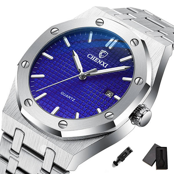 Big Dial Casual Herrklockor Lyxigt rostfritt stål watch för män Toppmärke Vattentät Quartz Minimalism Klocka Blue with Box