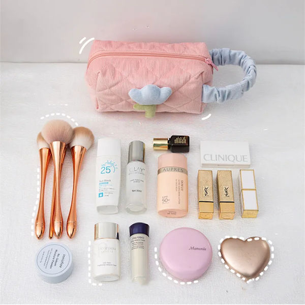 1 Set Enfärgad Blomma Makeup Bag Set Dragkedja Stor Mjuk Manchester Kosmetikväska Kvinnlig Resesmink Case Set yellow
