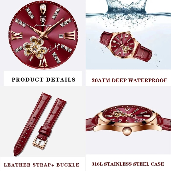POEDAGAR Watch Dam Diamant Läder Kvarts Armbandsur Vattentät Lysande Rose Guld Vin Röd Damklockor Flickvän Present 03 White