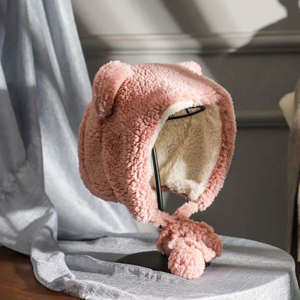 Nytt mode Solida mössor Kvinnor Vinter Söta Björnöron Varm hatt Vindtät cap Student Kvinnor Lägg till cap Kvinnlig hatt Present Pink