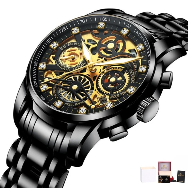 Svänghjul Roterande fönster Herrklockor Lyx Mode Lysande Date Herr Watch Vattentät Manklocka Relogio Reloj Hombre Black with Box