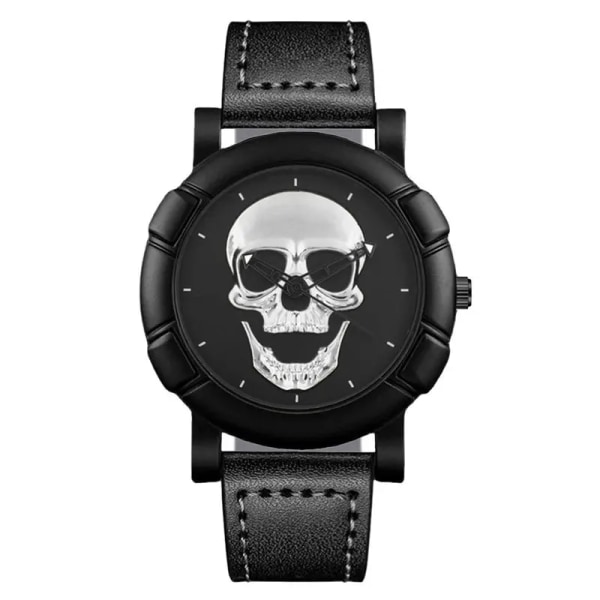 Mode Män Personliga 3D Skull Klockor Lyx Herr Casual Quartz Armbandsur Man Militär Sport Läder Armband Watch Silver