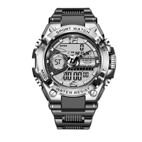 LIGE Digital Herr Watch 50m Vattentät Armbandsur LED Quartz Klocka Sportklocka Man Stora Watch Herr Relogios Masculino Silver black