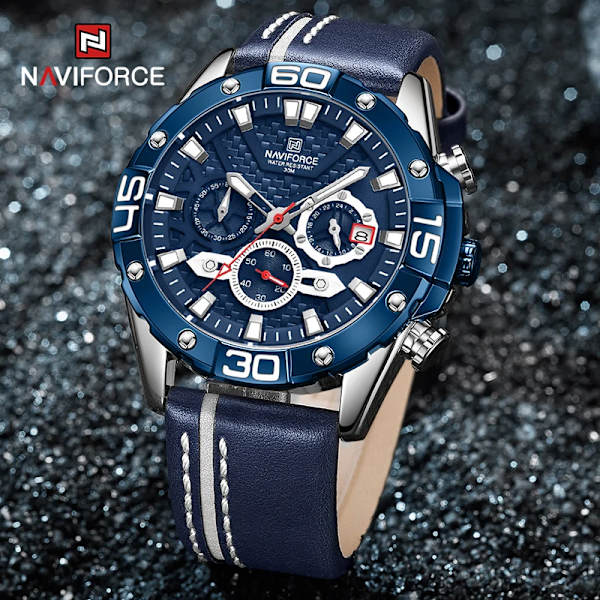 Top Lyx NAVIFORCE klockor för män Mode Sport Kronograf Quartz Armbandsur Man Militär Läderrem Vattentät klocka SBE BOX