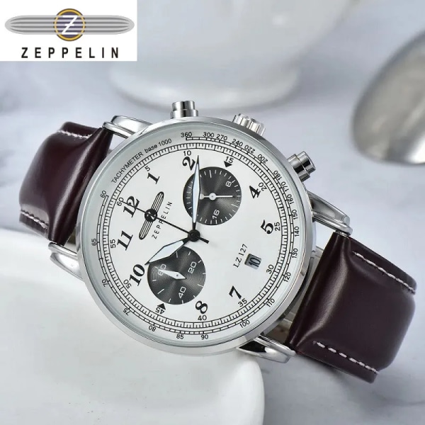 2023 New Zeppelin Watch Fashion Three Eyes Running Second Multifunktionell Chronograph Top Leather Business Quartz Watch Type 6