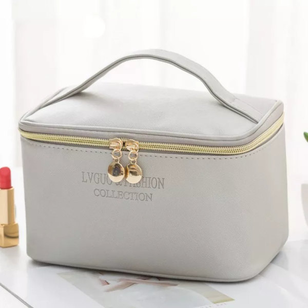 FUDEAM Läder Multifunktion Kvinnor Kosmetikväska Resor Toalettartiklar Förvaring Organisera Handväska Vattentät Kvinnlig Bärbart Makeup case Grey C