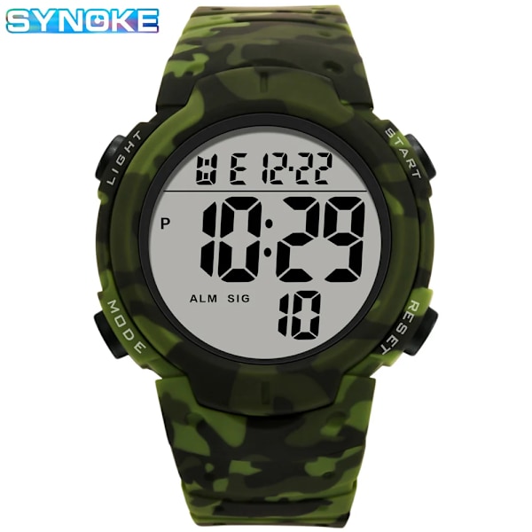 SYNOKE Big Numbers Watch Herr 50M Vattentät Manklocka Alarm Stoppur Multifunktion Digitala klockor Relogio Masculino Upgrade - Green