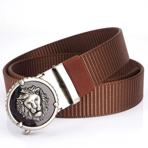 SupSindy Mans Nylon Lyx Guld Lions Metall Automatiskt spänne Canvasbälten för män Mode Jeans Midjeband Svart manlig rem Silver buckle coffee 110cm