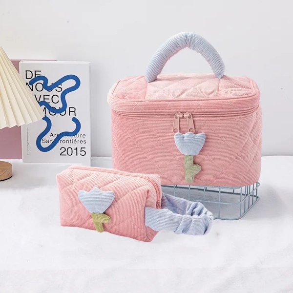 1 Set Enfärgad Blomma Makeup Bag Set Dragkedja Stor Mjuk Manchester Kosmetikväska Kvinnlig Resesmink Case Set pink