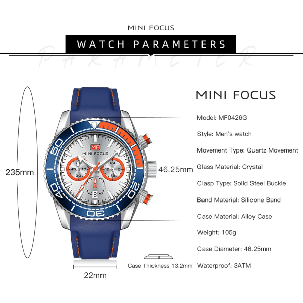 Watch för män Multifunktions sportarmbandsur Lyxmärke Vattentät Relogio Masculino Reloj Hombre Silikonrem Blå 0426 MF0426G03B
