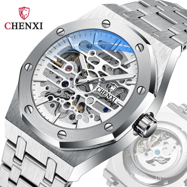 CHENXI 8848 2021 nya automatiska män Toppmärke Mekanisk Tourbillon armbandsur Vattentät Business Rostfritt Sport Herrklockor silver blue(.258)