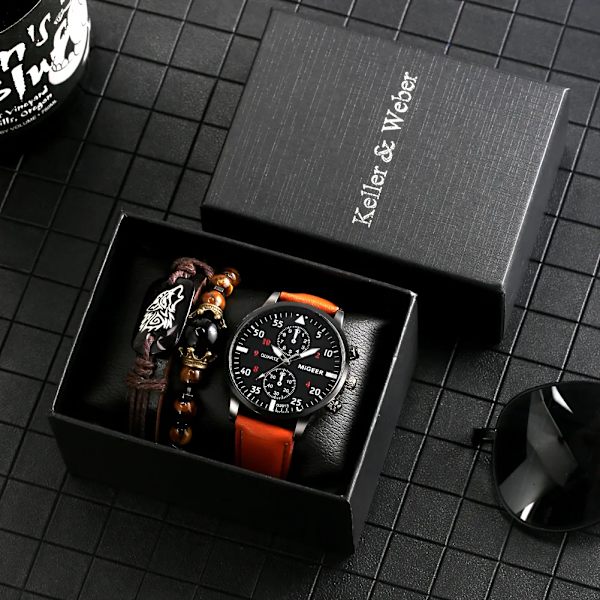 Personlighet Watch Man Svart Watch Herrset Set Läderrem Pin Spänne Brunt Armband Bästa presenterna 2022 Watch Set C