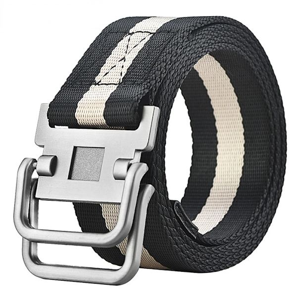 Nya dubbelringspänne Canvasbälten för män Militär träningsbälten Mode utomhus metallspänne midjeband Justerbar längd Black White Stripe 100cm