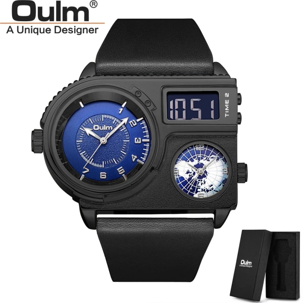 Oulm 5026 New Dual Display Två tidszon Watch Man Big Dial Quartz Clock Timmar Herr Armbandsur i äkta läder black blue with box