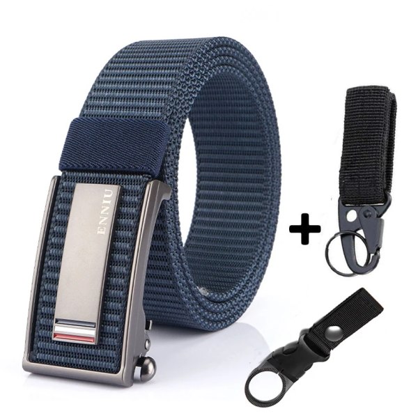 Nytt mode herrbälte Toppkvalitet Bekväma nylon för män Metall Automatiskt spänne Ung Canvas Taktisk designerbälte Blue Belt B Match 120cm Adjustable