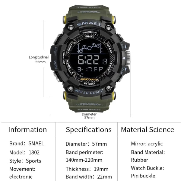 Watch Military Water Resistant SMAEL Sport Watch Army Led Digital Wrist Stoppur for Man 1802 Relogio Masculino Watche BLACK