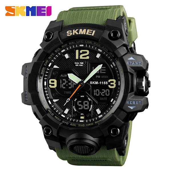 SKMEI Herrklockor Mode Sport Militär Quartz Digital Vattentät Simstoppur Armbandsur Klockor Man Relogio Masculino Army Green