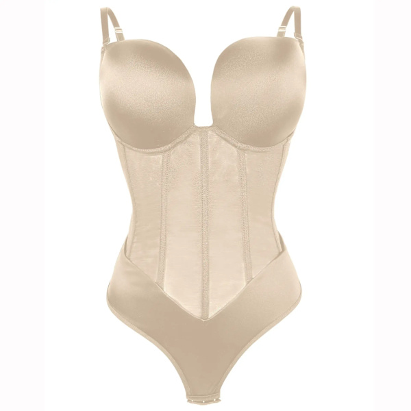 Kvinnor Djup V Rygglös Bodysuit Strap U Plunge Thong Bottom Shapewear Sömlösa underkläder Sexiga underkläder Osynlig BH Body Shaper Beige XL