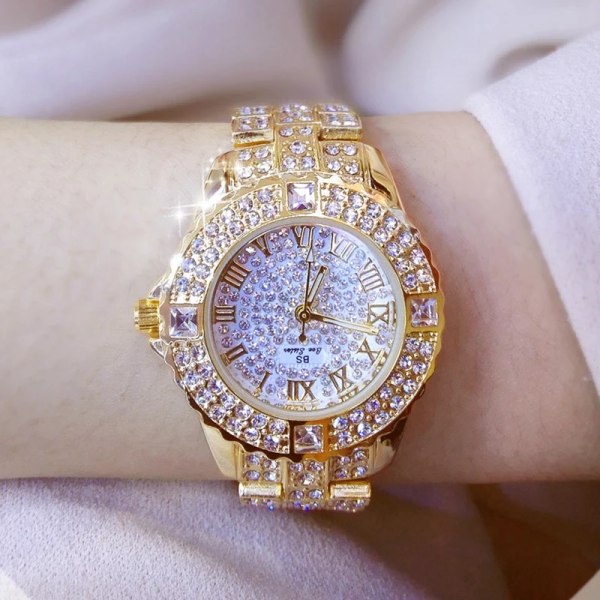 Damklockor Diamond Gold Watch Damarmbandsur Lyxmärke Strass Damarmband Klockor Dam Relogio Feminino gold