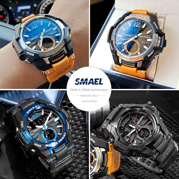 SMAEL Dual Time Army Watch för män Lysande Vattentät Quart Digital Armbandsur Väckarklocka LED Bakgrundsbelysning Kalender 1805 Black gold
