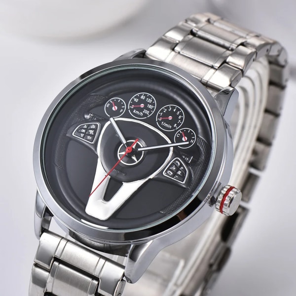 Casual Personality Klassisk precision watch Racing gratis rostfritt Casual Sport 3D bilrattklocka Black sliver leather