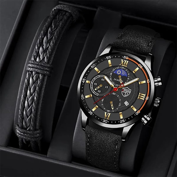 Män Watch Lyxig rostfritt stål Quartz Armbandsur Man Business Casual Läderarmband Manlig självlysande klocka Klockor As shown 3
