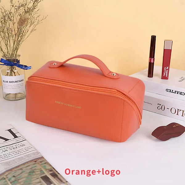 Skönhetsväska med stor kapacitet Bärbar sminkpåse i läder, vattentät badrumstvättväska, multifunktionell toalettartiklar orange-logo