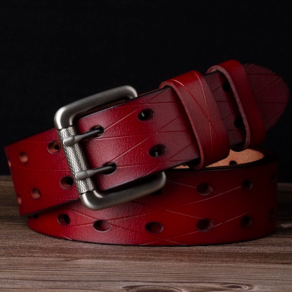 Mäns läder dubbelnålsspänne Klassiskt dragradshål Jeansbälte Cowboy Round Hole Brown 130cm