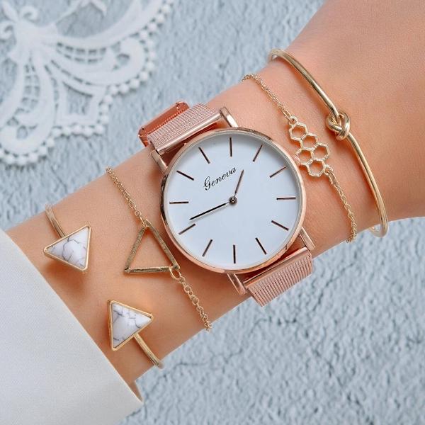 6/5/3PCS 2022 Lyx Damklockor Set Armband Armbandsur Mode Dam Quartz Watch Klänning Kvinnlig Klocka Montre Femme Relogio 5PCS Rose Gold White