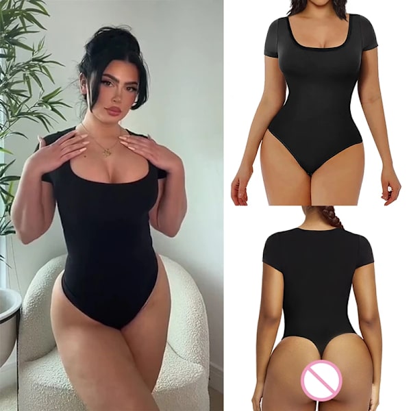 Body för kvinnor Magkontroll Shapewear sömlösa kortärmade stringtrosor med fyrkantig hals Sculpting Klassiska tighta skjortor med gren Black XL