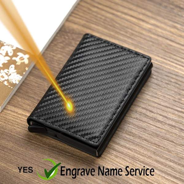 Gravyr Anpassat namn ID Kreditkortshållare Plånböcker Märke Märke Rfid Blockering Magic Läder Smal Miniplånbok Liten Pengaväska Handväska Carbon(Name Service)