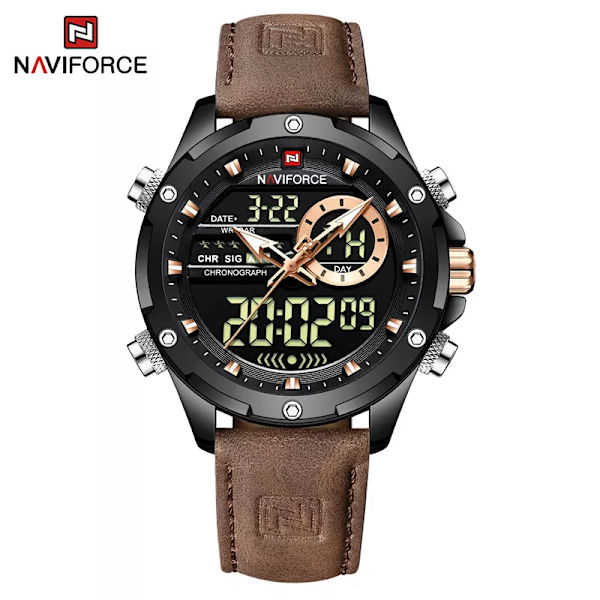 NAVIFORCE Lyxiga originalklockor för män Casual Sport Kronograf Alarm Quartz Armbandsur Läder Vattentät Digital Klocka 9163 BBDBN