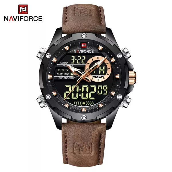 NAVIFORCE Lyxmärke Originalklockor För Herr Casual Kronograf Alarm Quartz Watch Läder Vattentät Klocka 9163 BBDBN