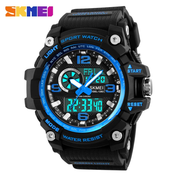 SKMEI Chronograph Sportklockor Herr Quartz Tregångs LED Digital Watch Militär Vattentät Armbandsur Klocka Reloj Hombre Black Blue