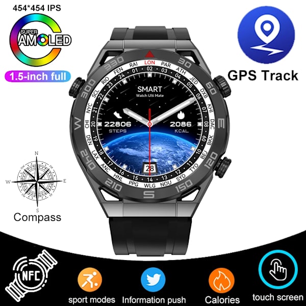 GPS-bana Ny Smartwatch Herr 1,5 tum 454*454 HD Bluetooth Calling NFC-klockor Kompass Vattentät EKG Smartwatch För Huawei Black