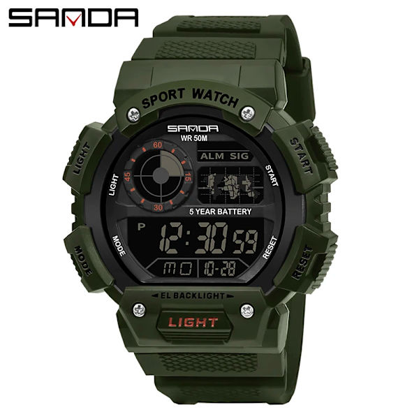 SANDA Herr Elektronisk Watch Lysande Vattentät Multifunktionell Utomhussport Herrklockor Watch Relogio Masculino 6009 Army Green