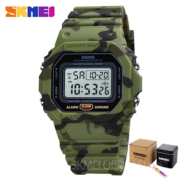SKMEI Multifunktionell Digital Watch Herr 2 Time Count Down Herrarmbandsur Mode Retro Manklockor reloj hombre 1628 Green camo with box
