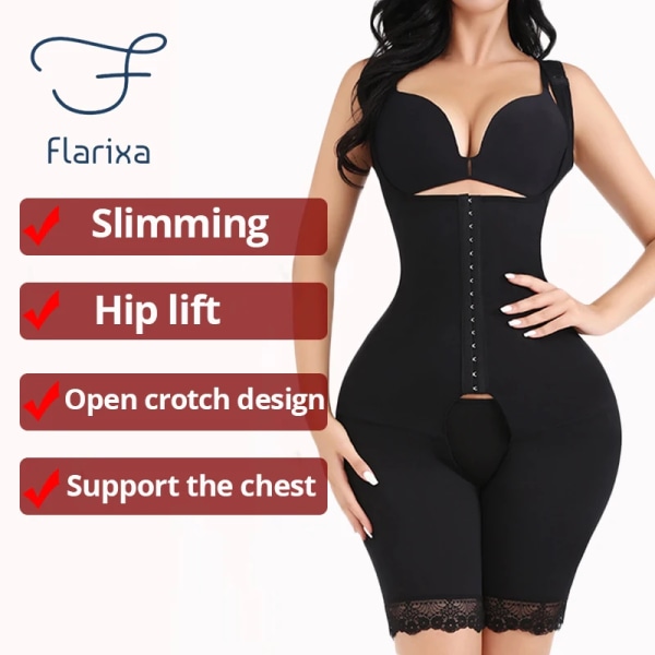 Flarixa Dam waist trainer Magkontroll Helkroppsformare Body Spetskontroll Trosor Linne Shapewear med öppen gren Black L