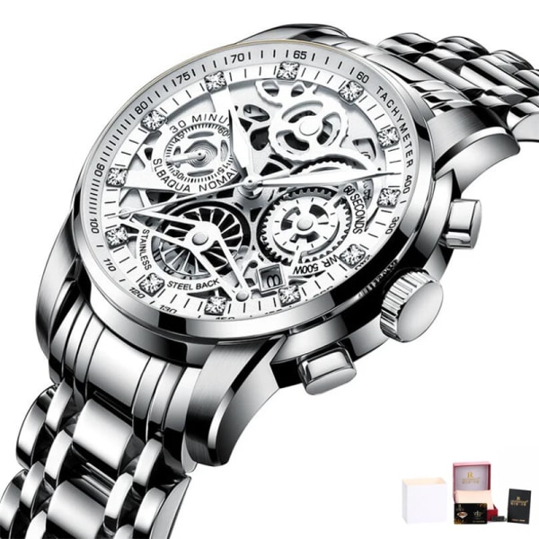 Svänghjul Roterande fönster Herrklockor Lyx Mode Lysande Date Herr Watch Vattentät Manklocka Relogio Reloj Hombre Silver with Box